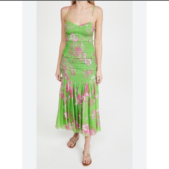 Hemant & Nandita- Isha Green Floral Smocked MIDI Dress - Picture 1 of 9